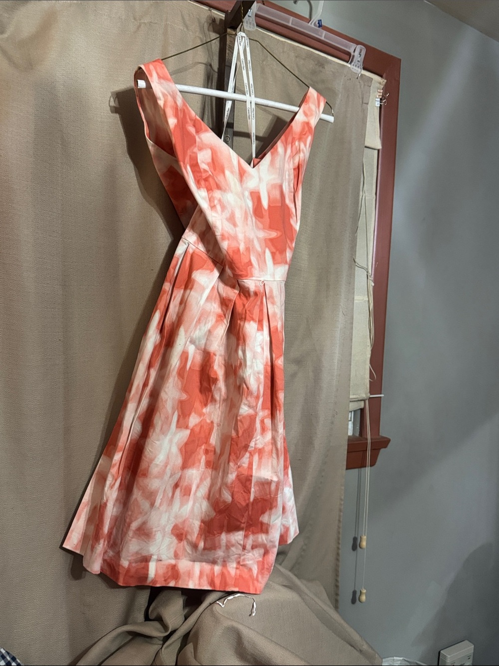 Calvin Klein Coral and White Floral V-Neck Fit & Flare Midi Dress-58